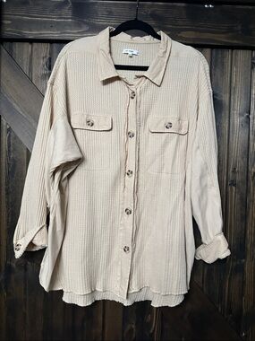 Light Cream Women’s  Button-Up Waffle Shirt
